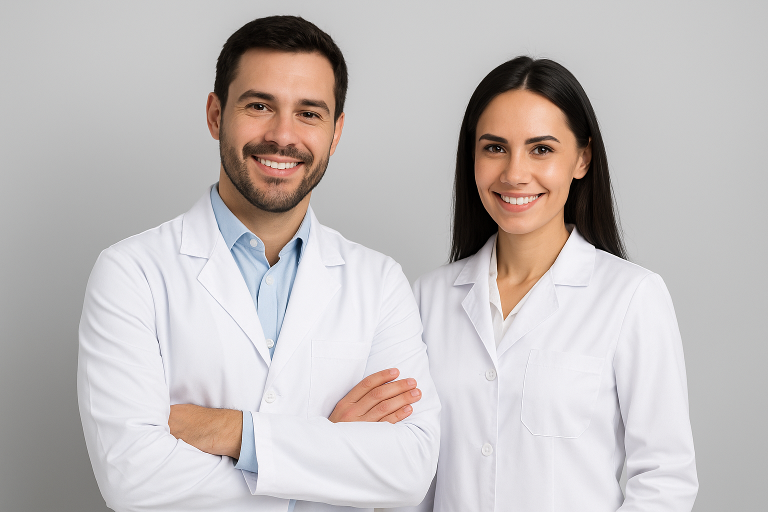 Casal de dentistas com jalecos brancos