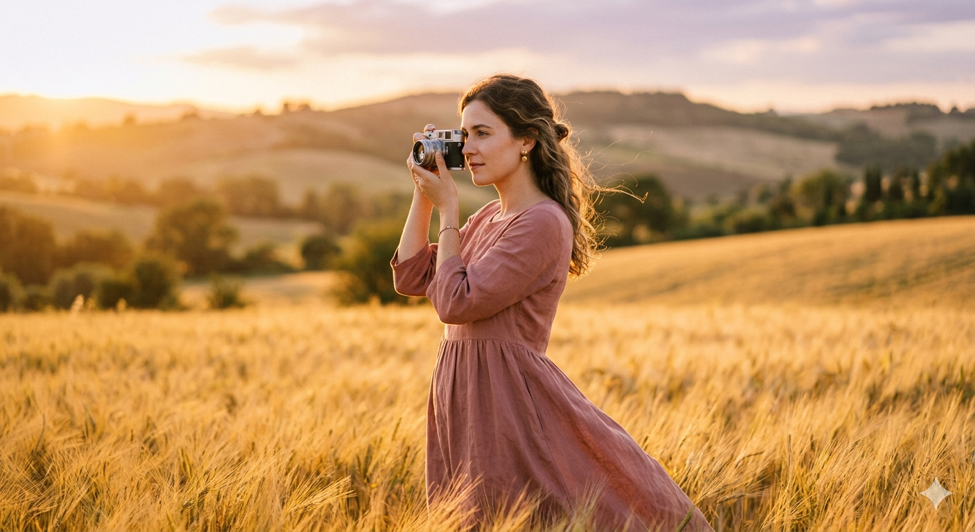 Fotógrafa em cenário natural ao pôr do sol