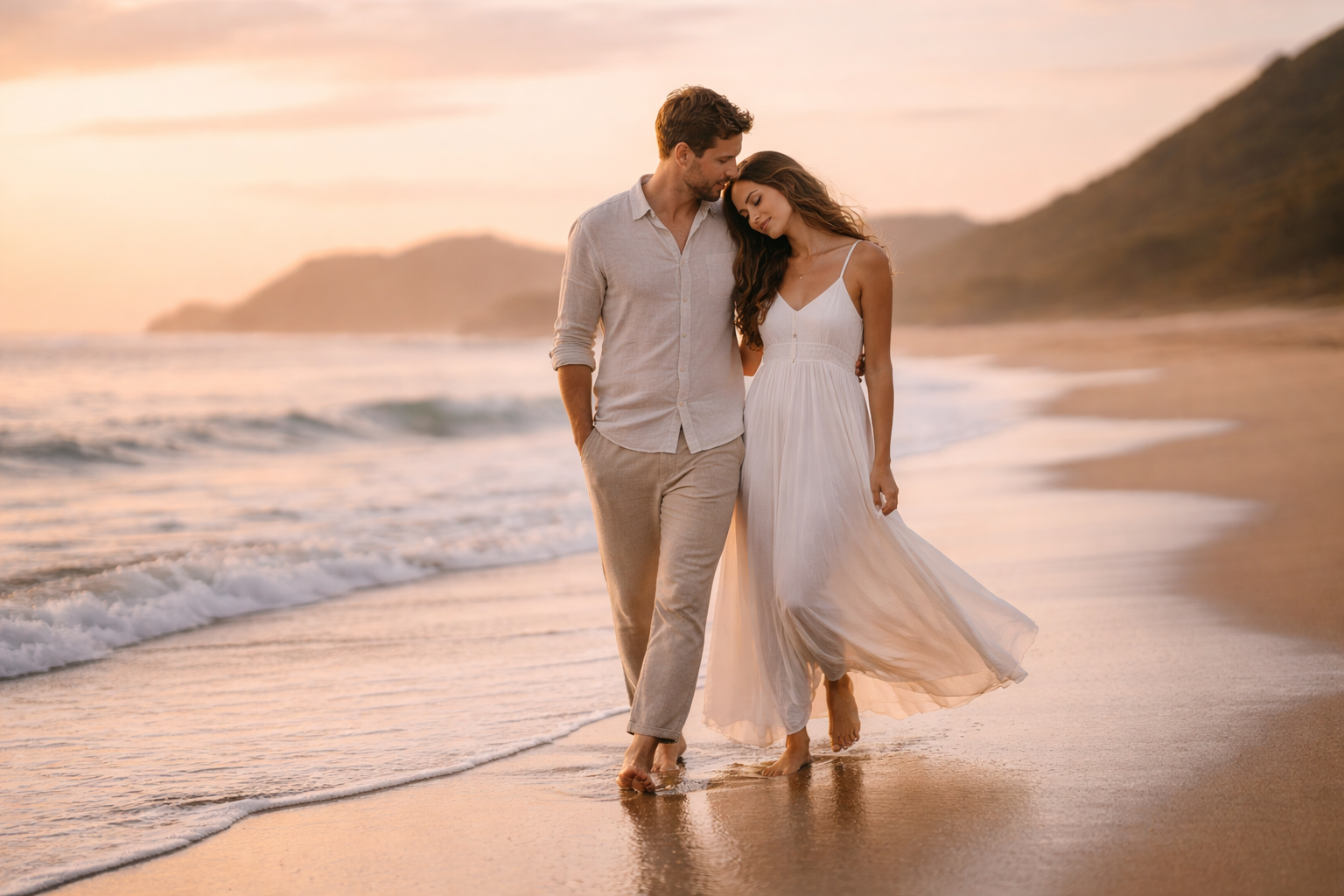 Ensaio de casal na praia ao nascer do sol