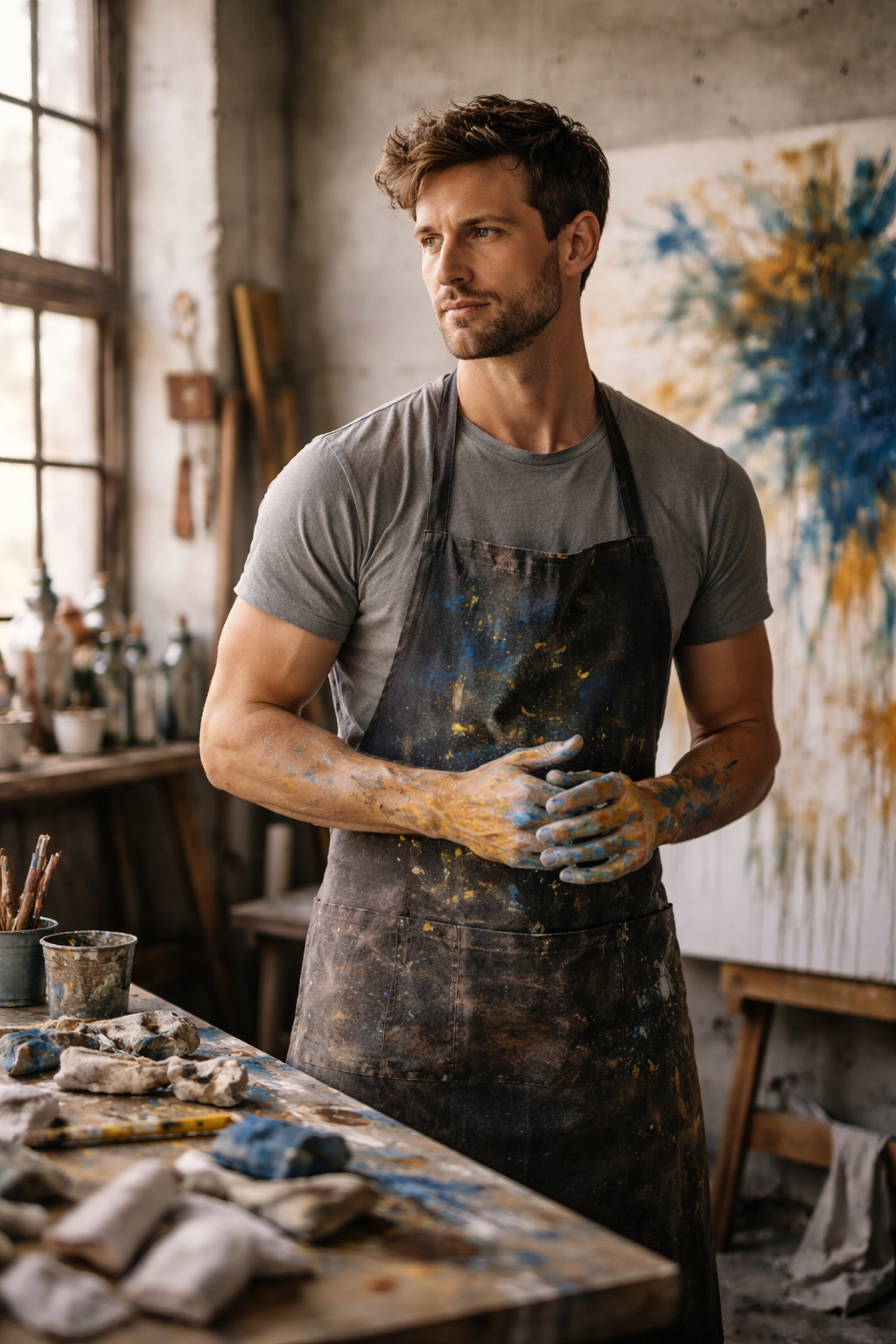 Retrato de artista em ateliê
