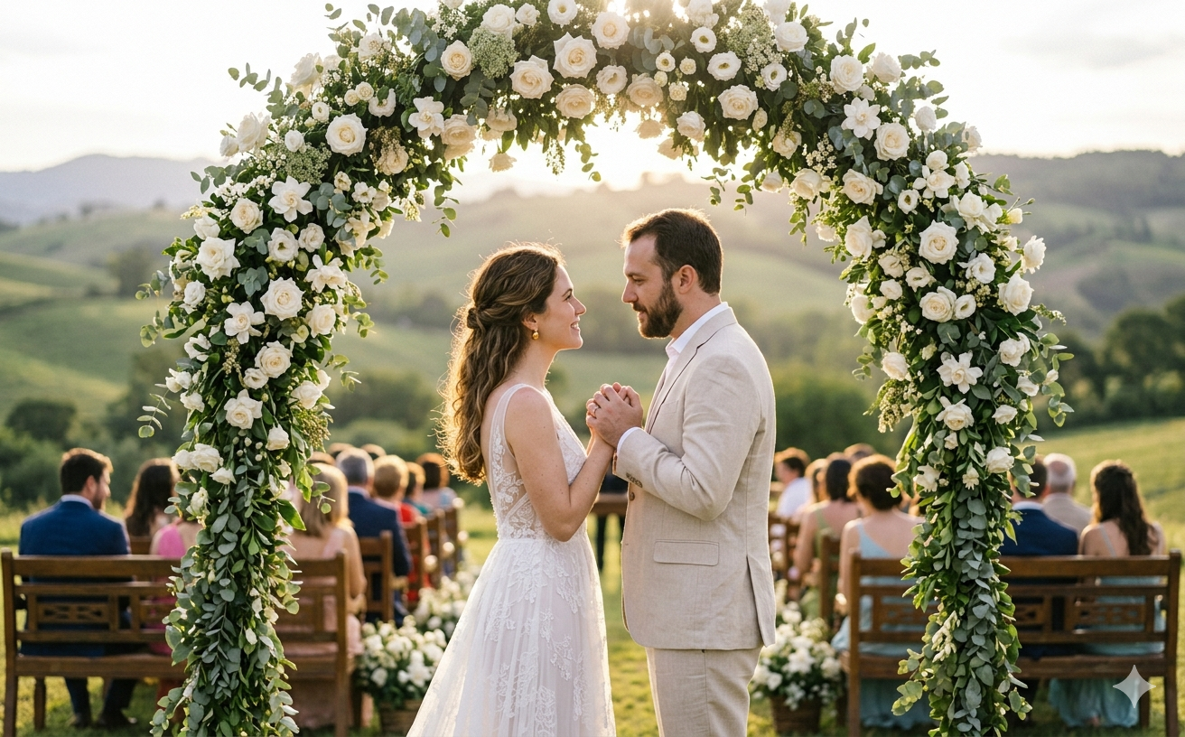 Casamento ao ar livre entre oliveiras