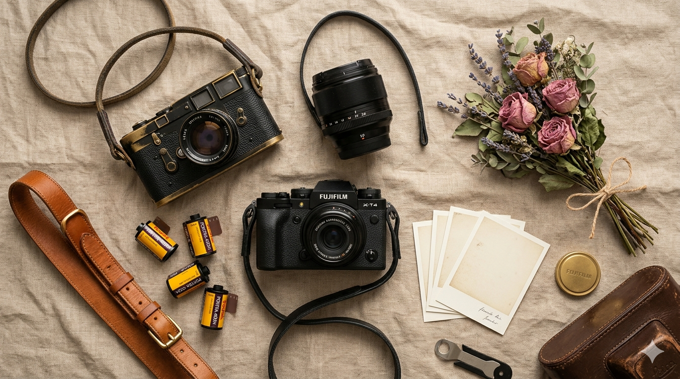 Detalhes de câmera fotográfica com flores ao redor